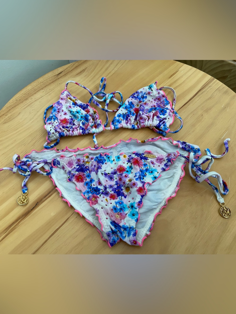 Luli Fama White Floral Print Ruffle Triangle Bikini with Pink Trim